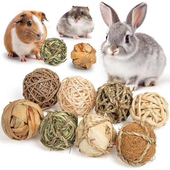 15Pcs Rabbit Toys Natural Wooden Hamster Bunny Chew Toys Small Pet Guinea Pig Toys Grass Rattan Balls