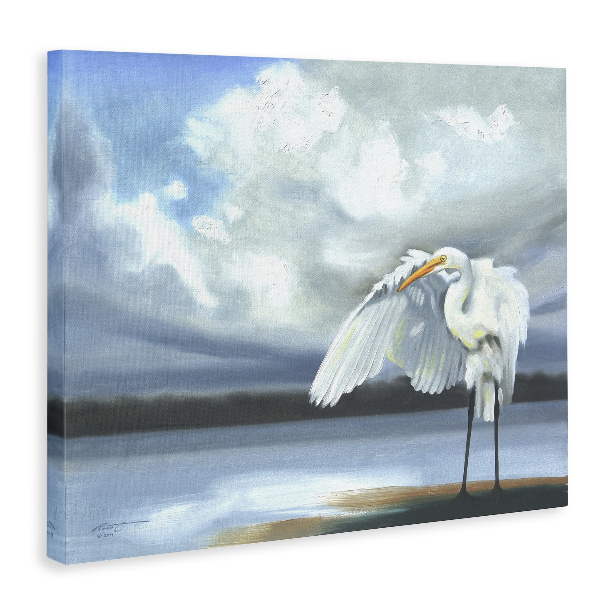 Stupell Industries Egret on Cloudy Beach Shore Animals & Insects Painting Gallery Wrapped Canvas Art Print Wall Art, 30 x 24