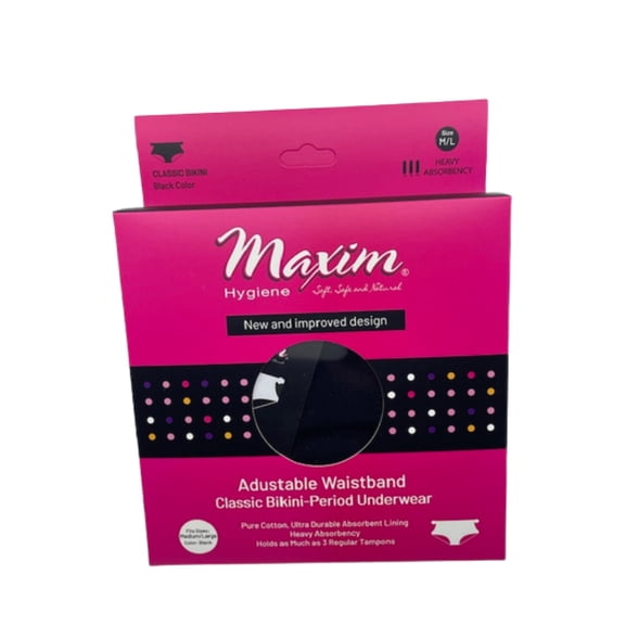 Maxim Hygiene Products Period Underwear, Adjustable Waistband Bikini, Black, Heavy, M to L - 1 ct