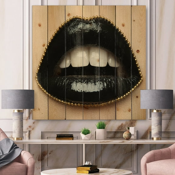 Designart 'Woman Lips With Black Lipstick & A Gold Chain' Modern Print on Natural Pine Wood