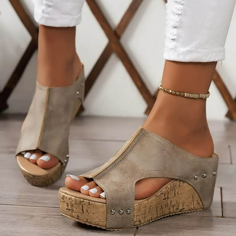 Women's Open Toe Wedge Sandals Platform Cork Heel Summer Beach