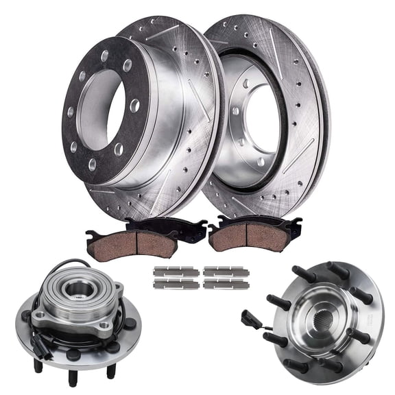 Detroit Axle - 4WD Front Wheel Bearing Hubs Brake Kit for 03-05 Dodge Ram 2500 3500 Wheel Bearing Hubs Drilled Slotted Brake Rotors Ceramic Brakes Pads 2003 2004 2005 Replacement : 13.91" Rotor