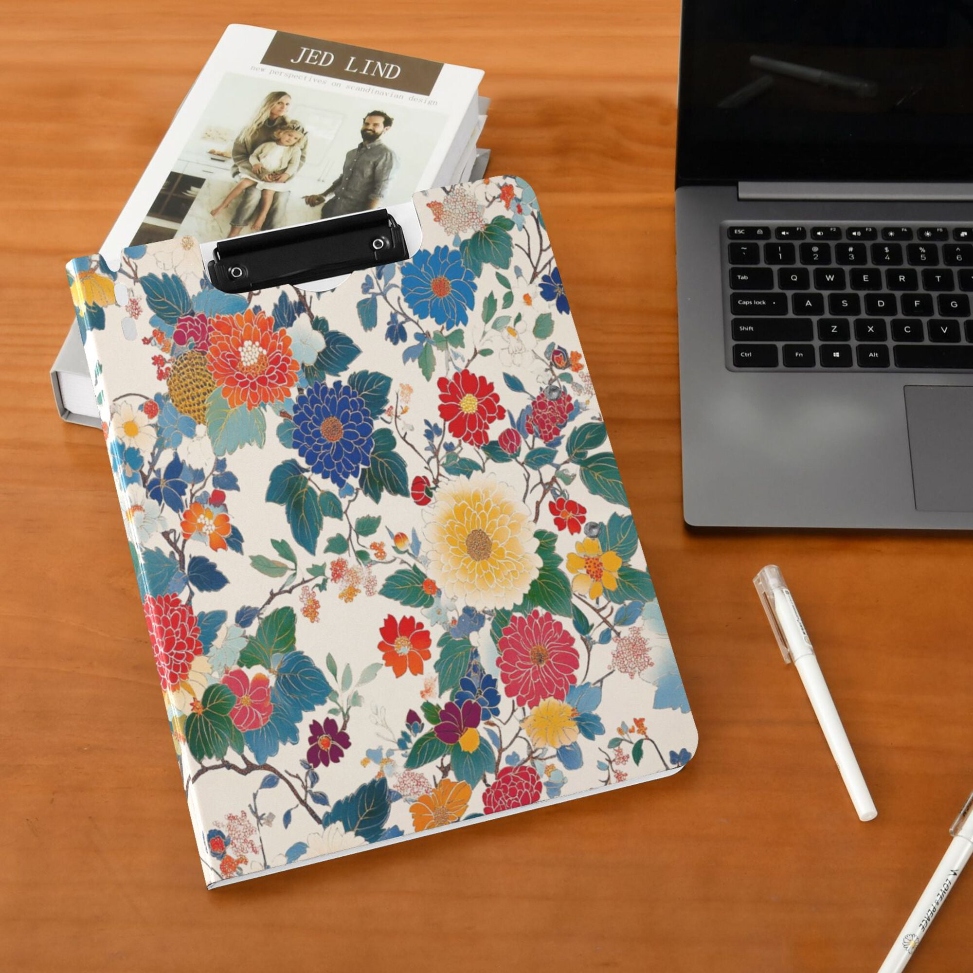 FORMRS A4 Clipboard Folder with Pen Holder Horizontal Foldable School Office Binder, Red Japanese Floral Pattern