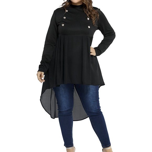 KVMeteor Women's Plus Size Solid Color Long Sleeve Asymmetry Tops