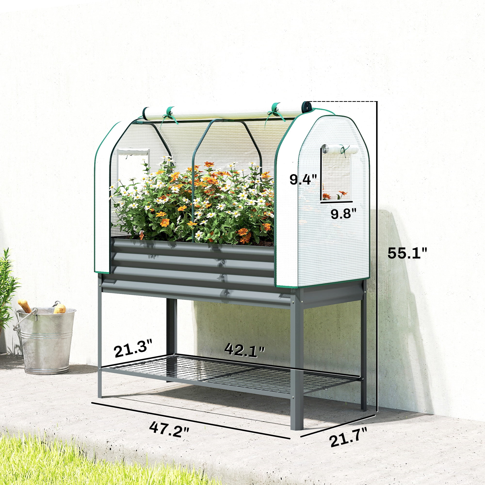 Outsunny Galvanised Raised Garden Bed with Greenhouse Cover, Metal Elevated Garden Bed with Bed Liner and Bottom Shelf, Dark Gray