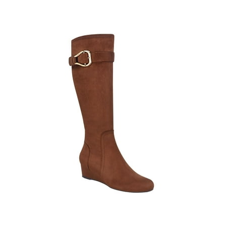

IMPO Womens Brown Buckled Strap Cushioned Stretch Gelsey Almond Toe Wedge Zip-Up Dress Boots Shoes 9.5 M