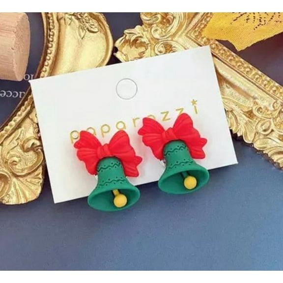 Clip on 1" silver, green multi colored clay Christmas bell earrings