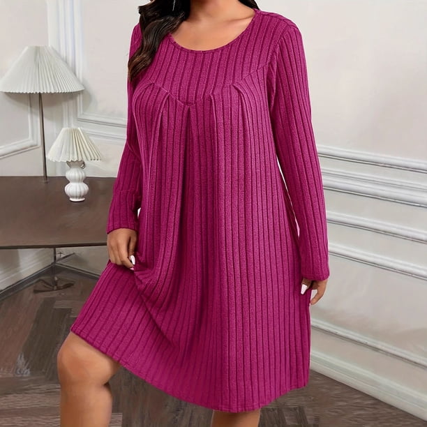 mfyjkho Vestidos de fiesta para mujer, Falda plisada recta de talla grande con cuello redondo y manga larga de color liso para mujer, otoño e invierno Vestidos largos para mujer xxxxl