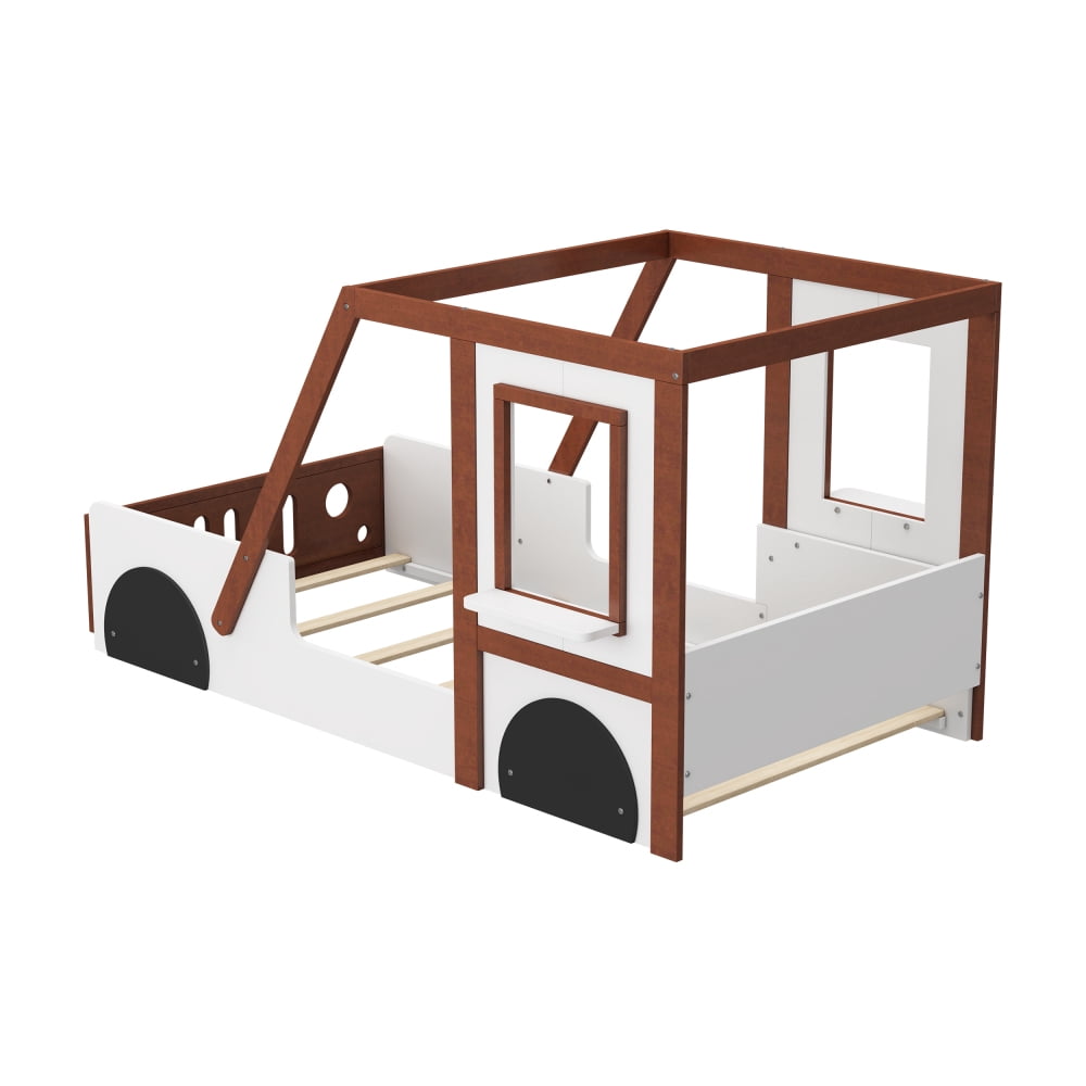 AUU Twin Size Car-Shaped Platform Bed, White and Orange Car Design with Fun Play Style