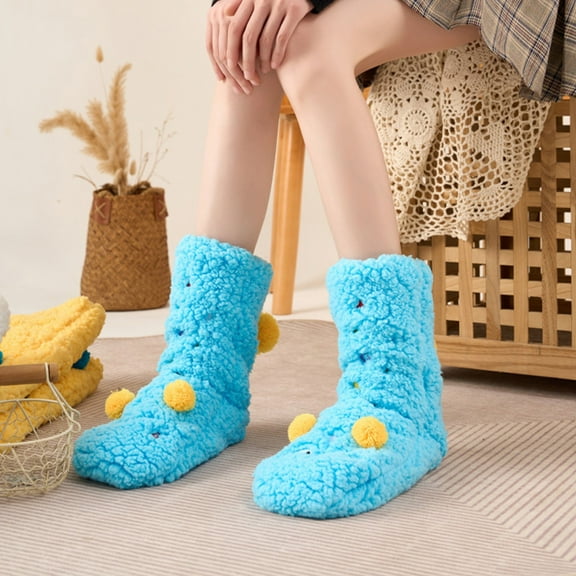 Women's Lamb Fleece Mid-Calf Socks, Extra Thick Plush Thermal Socks for Autumn and Winter, Non-Slip Cozy House Socks, Super Warm Sleep Socks for Indoor Comfort - Blue