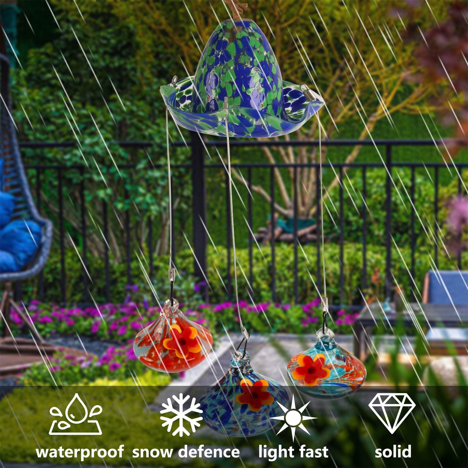 Kugisaki Hanging Bird Bath with 3 Pack Glass Hanging Hummingbird Feeders for Outdoors Glass Humming Bird Feeders Garden Decor for Outside