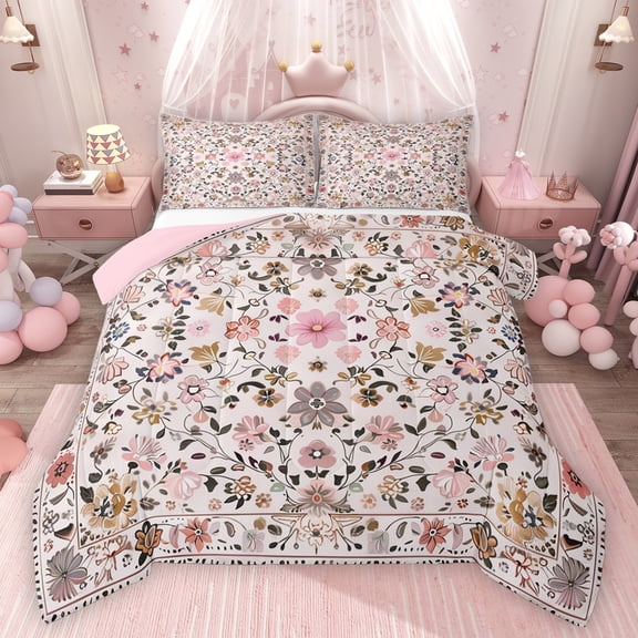 Feelyou Pink Flower Women Bedding Comforter Set, Vintage Boho Floral Twin Comforter Sets, Mandala Cherry Blossoms Reversible Bedding Set, Ultra Soft Bedroom Decor, 2 Pieces