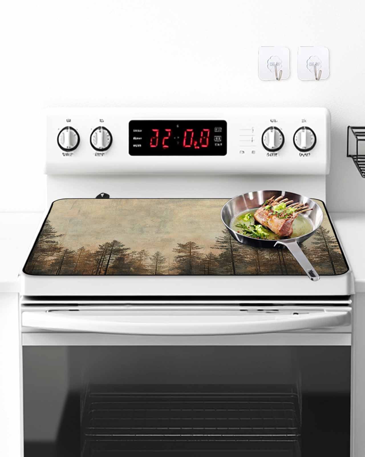 Stove Top Covers for Electric Stove, Brown Forest Glass Stovetop Cover Protector, Vintage Tree Farmhouse Botanical Induction Cooktop Protector Oven Mat for Kitchen Countertop 24"x21"
