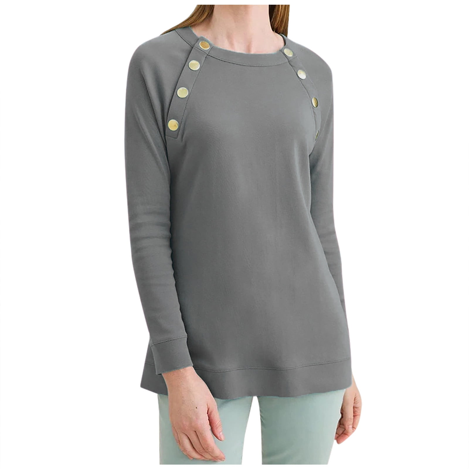Women's Long Sleeve Button TShirts 2022 Crewneck Solid Color Fall