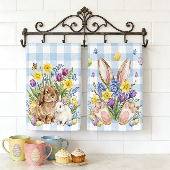 Linnome 2 Pack Easter Kitchen Towels 24x16 Inch Linen Cotton Dish Towels Absorbent Hand Towels for Washing Drying Spring Decor