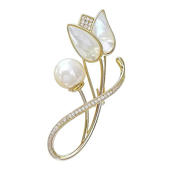 Womens Elegant Tulip Flower Faux Pearl Rhinestone Golden Brooch Pin