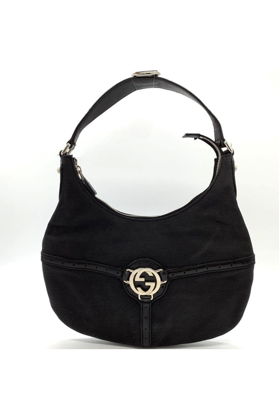 Pre-Owned GUCCI 114869 Interlocking Handbag with Perforated Leather Handles and Canvas, Black,...