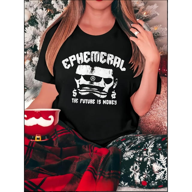Women's Fashionable White T-Shirt with "EPHEMERAL" Graphic Print - Casual Round Neck Short Sleeve, Comfortable Polyester Blend, Ideal for Summer, Casual Attire|Casual Style|Glossy Fabric
