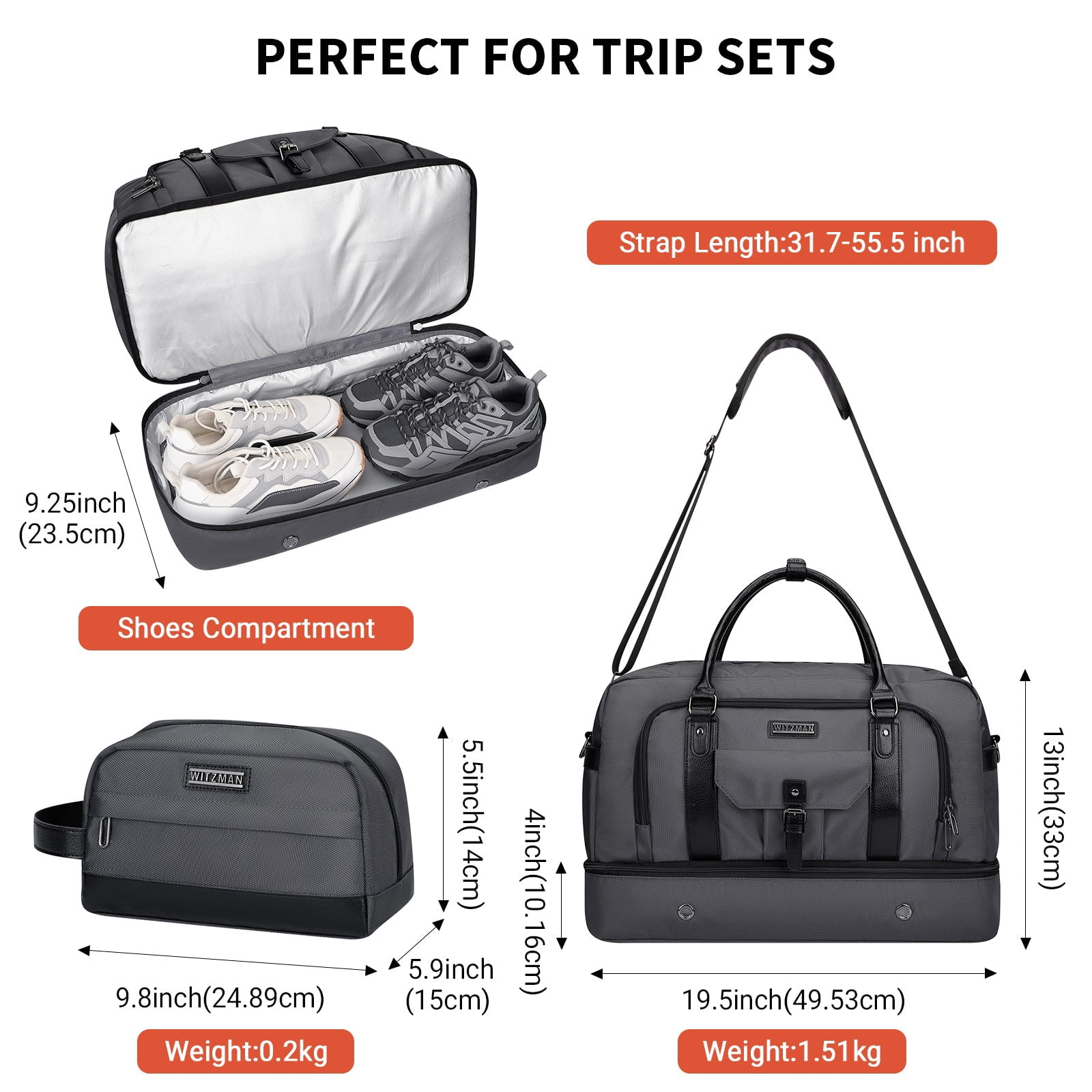 WITZMAN Weekender Bags for Men Women Carry on Duffle Overnight Bag with Toiletry Bag Sets Travel Duffel Bag Shoes Compartment（B694 Silvery Grey）