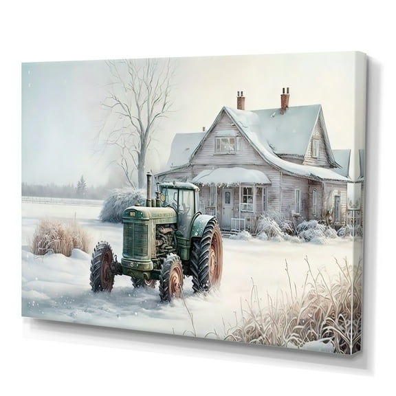 Designart Tractor At The Barn In Winter II Canvas Wall Art