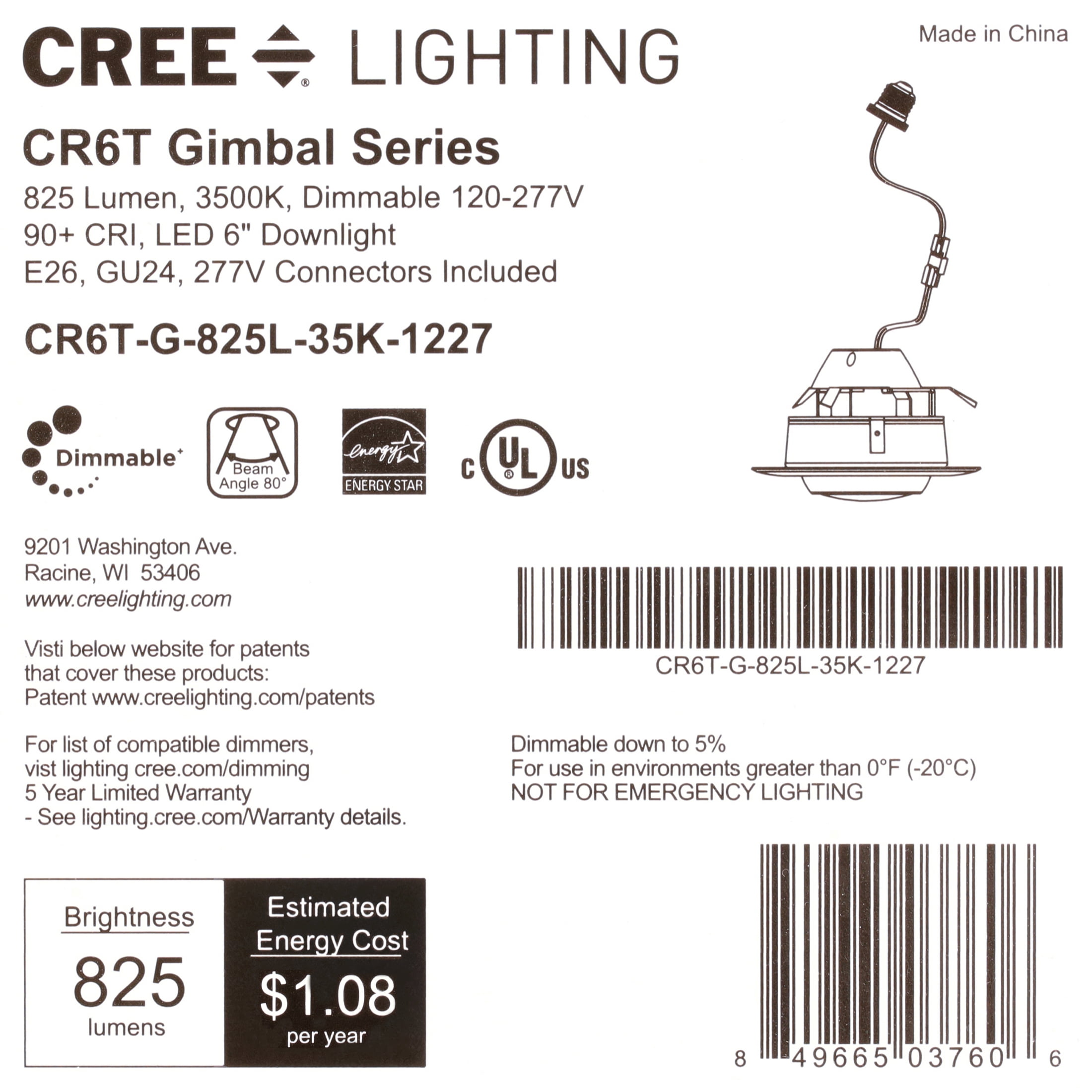 Cree Lighting CR-T 6 inch LED Retrofit Gimbal Downlight 75W Equivalent, 825 lumens, Dimmable, Neutral White 3500K, 50,000 hour rated life | 1-Pack