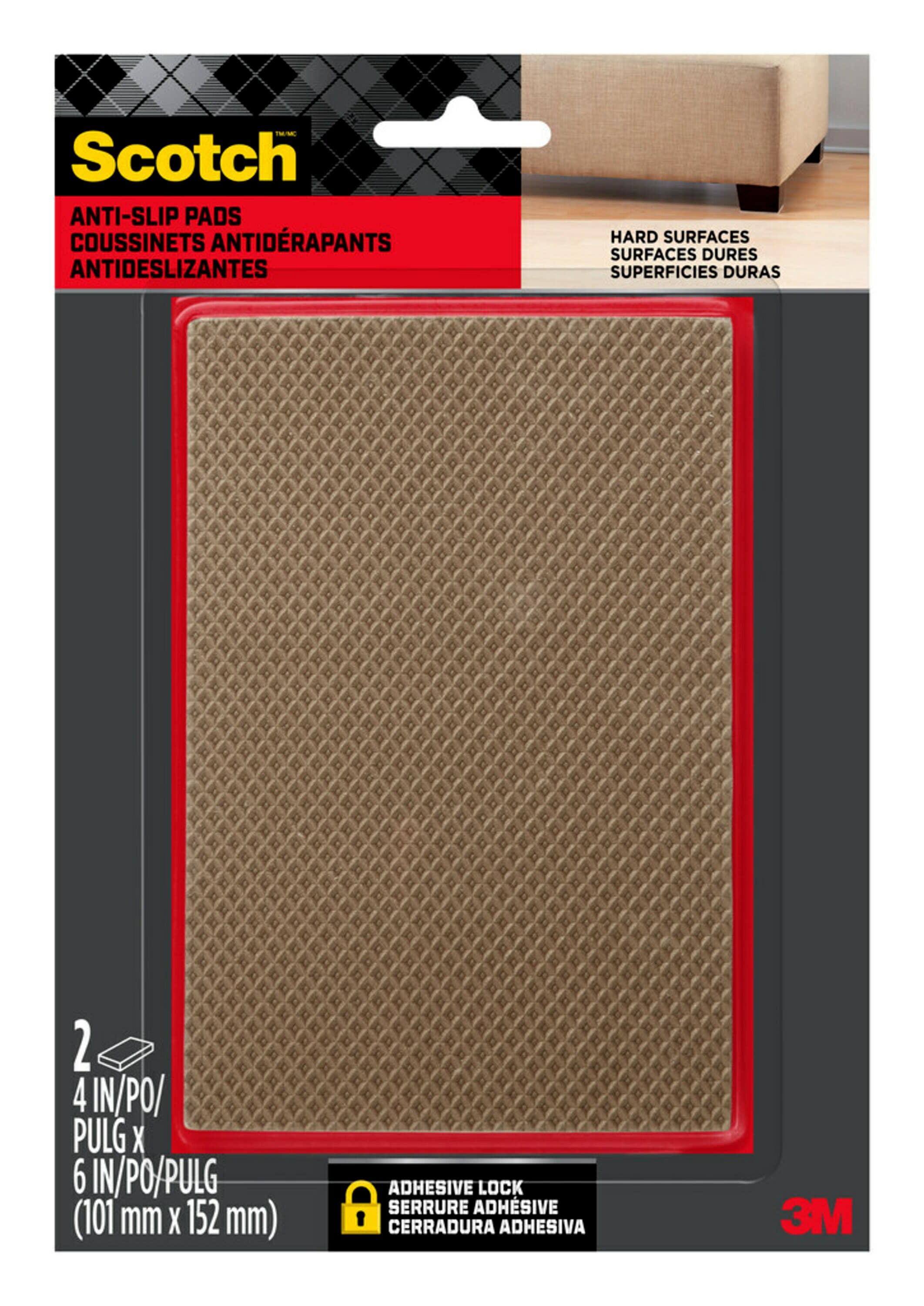 Scotch Gripping Pads, Rectangle, Brown, Non-Slip Protection For Hard Surfaces, 4" x 6", 2 Pack