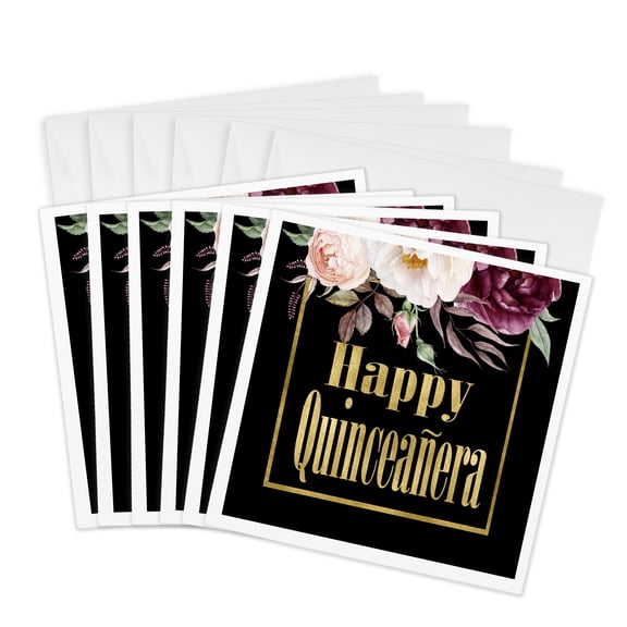 3drose, Pretty Purple and Pink Floral Happy Quinceanera, 6 Greeting Cards with Envelopes