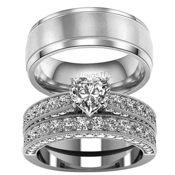 Ringheart Couple Rings Heart 1.5ct CZ White Gold Plated Women Wedding Ring Sets for Him and Her Rings Tungsten steel Men Ring