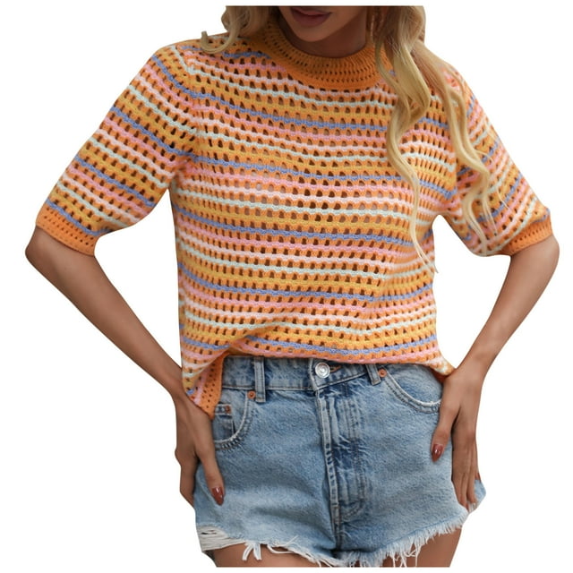 Cameland Mode Femme Col Rond Ample Imprimé Décontracté Manches Courtes Pull Manches 3/4
