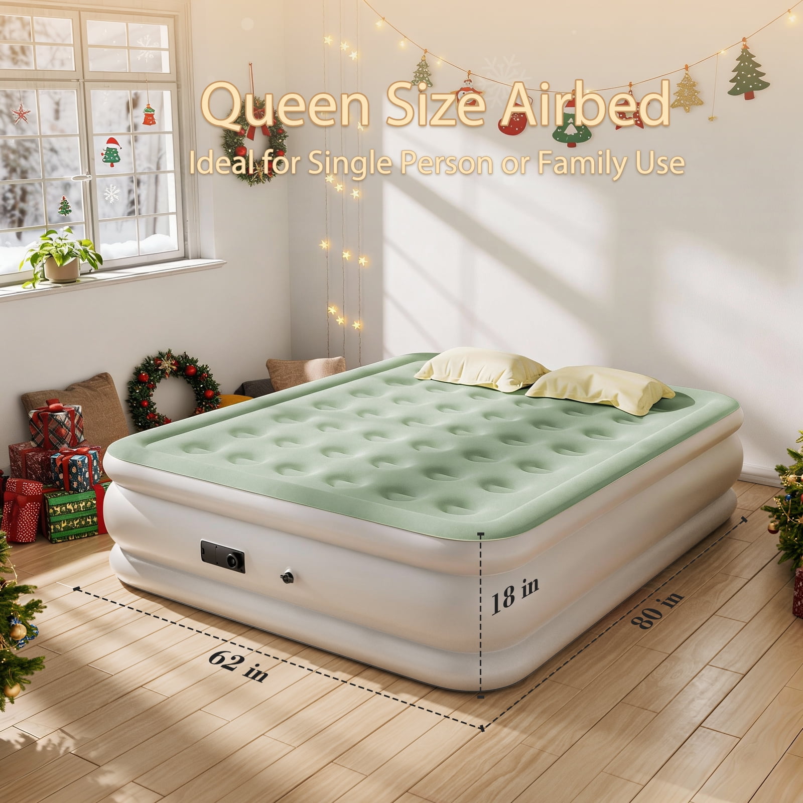 Honeydrill Queen Size Air Mattress 18" Airbed Inflatable with Built-in Pump, Light Green
