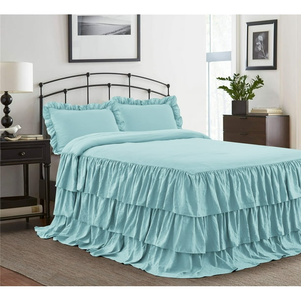 Hig 3 Piece Ruffle Skirt Bedspread Set King Aqua Color 30 Inches Drop Ruffled Style Bed Coverlets Bedspreads Dust Ruffles Echo Bedding Collections Size 1 2 Standard Shams Com Hig 3 Piece Ruffle Skirt Bedspread Set, Ruffle Bedding King Size