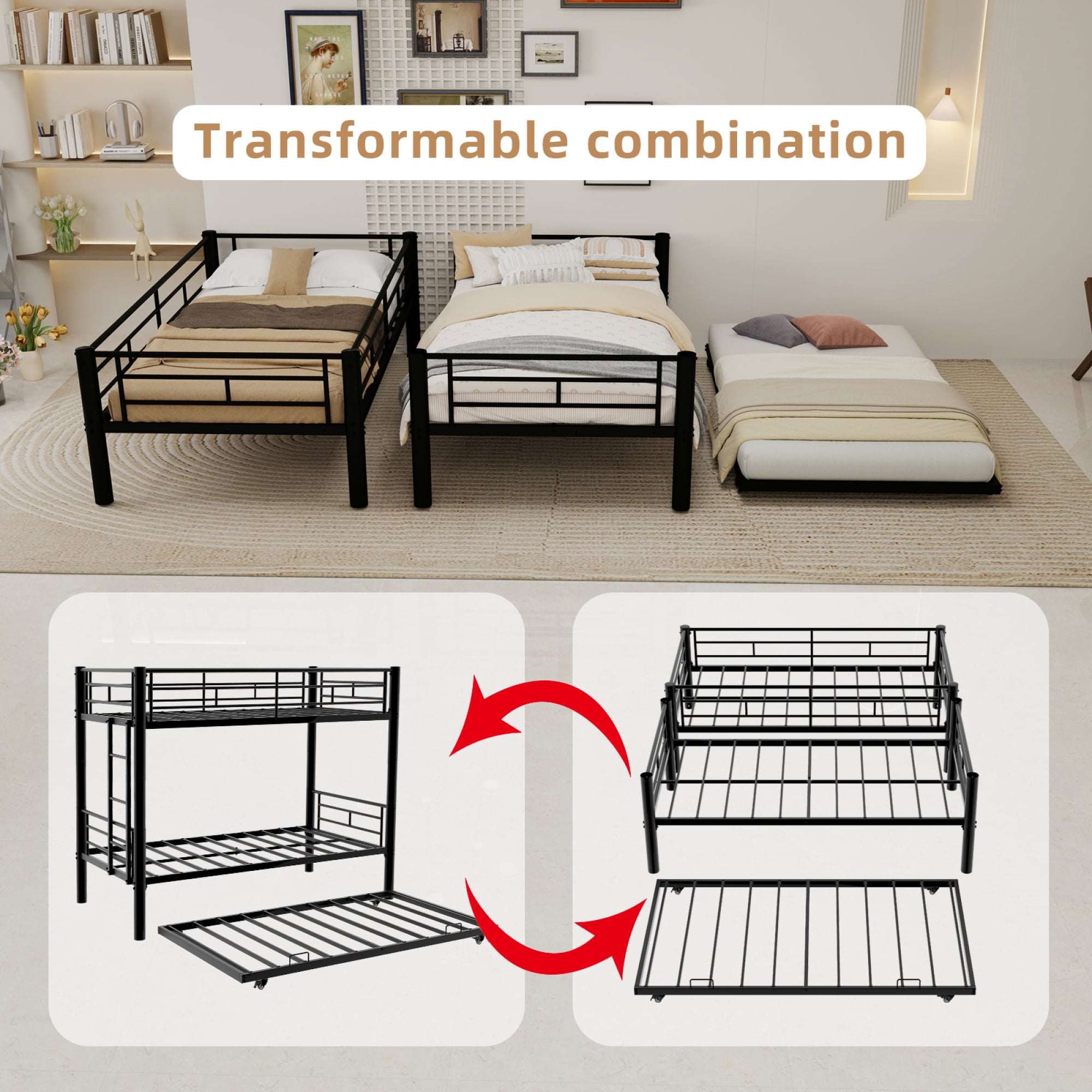 Twin over Twin Size Bunk Bed with Trundle, Heavy Duty Metal Bunk Bedframe with Ladder and Guardrails, Detachable Bunk Beds for Boys Girls