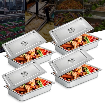 4 Packs Commercial Pans Steam Table Pan with Lid Food Pan Hotel Stainless Steel