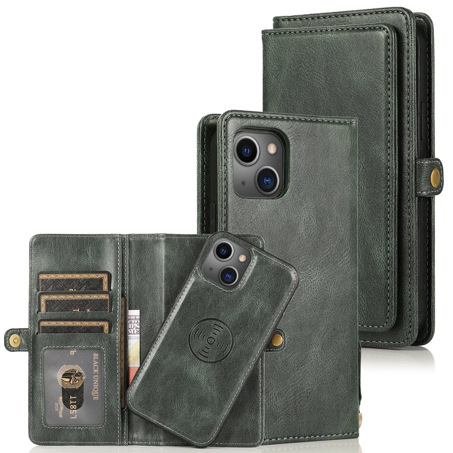 ELEHOLD for iPhone 14 6.1 inch Luxury Heavy Duty Wallet Case with Card Slots Dual-Use Detachable Phone Case Magnetic Function Lanyard Shockproof Wallet Case,Darkgreen