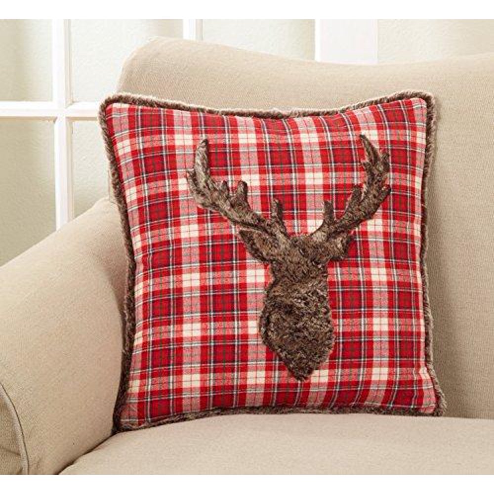 Fennco Styles Holiday Christmas Plaid Faux Fur Reindeer Filled Throw