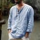 thumbnail image 3 of Camisetas de manga larga con cuello en V para hombre: mezcla de algodón, diseño elegante con costuras, fáciles de combinar con pantalones cortos/vaqueros, ideales para uso informal/diario, tallas S, 3 of 5