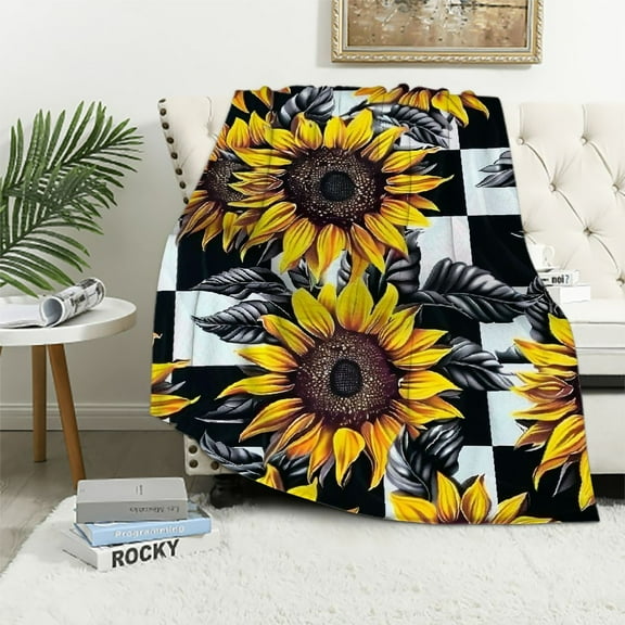 Shiartex  Sunflower Blanket Farmhouse Flower Black White Buffalo Plaid Throw Blanket Ultra Soft Blanket Lightweight Bed Blanket for Couch Sofa Travelling Camping for Adults Men Women Kids White