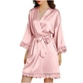 thumbnail image 2 of YANHAIGONG Women'S Silk Robe Satin Robe with Lace Sleeve Trim ,Bridal Party Robe Bridesmaids Robes Bride Robe for Wedding Day with Oblique V-Neck Winter Pajamas For Women Clearance, 2 of 8