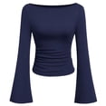 thumbnail image 4 of Long Sleeve Shirts for Women Boat Neck Bell Sleeve Ribbed Ruched Long Sleeve Tops Casual Chic Clothes Womens Sweatshirt Blue L, 4 of 4