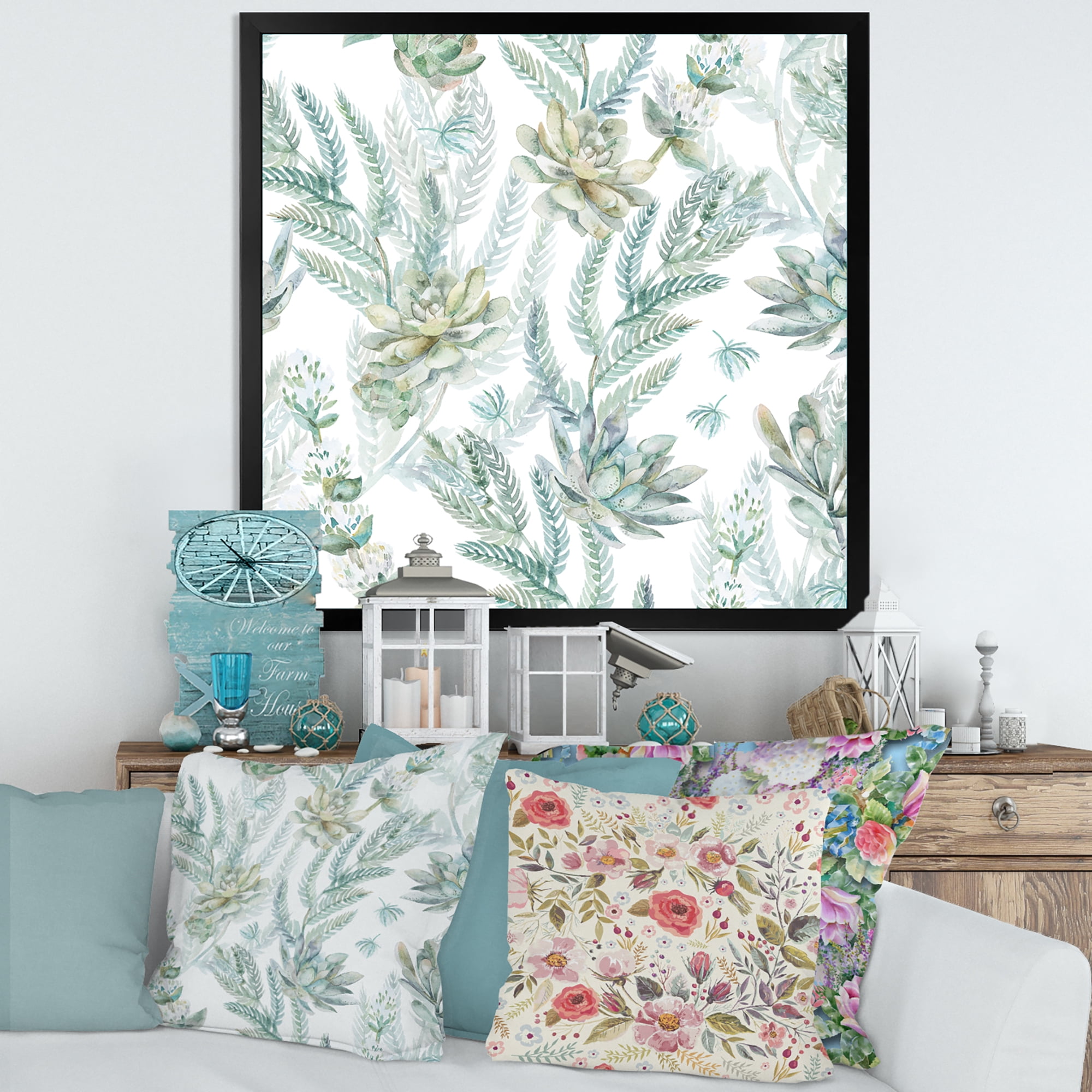 Designart 'Floral Seamless Pattern Succulents and Ferns Thorns' Farmhouse Framed Art Print