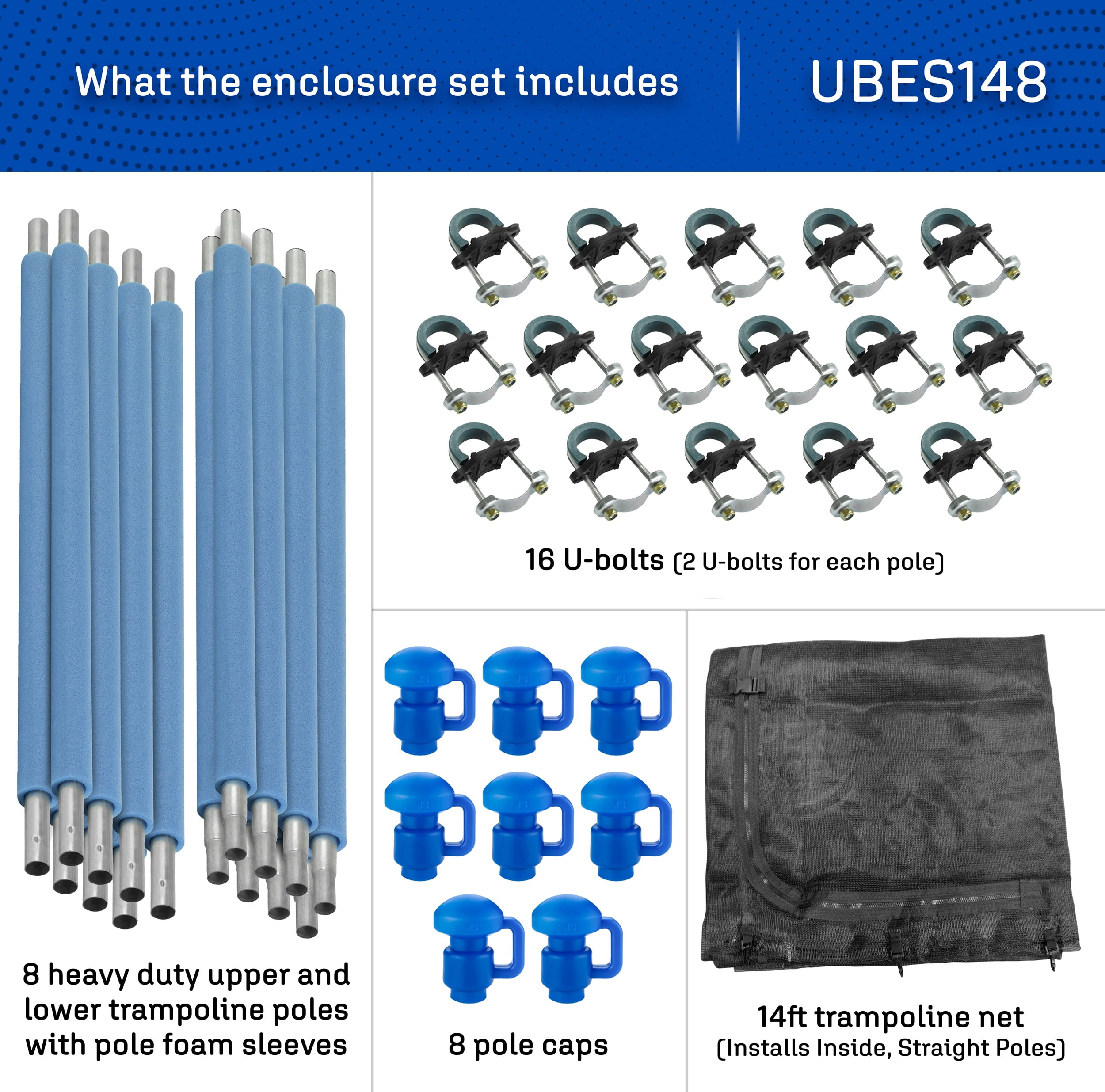 Machrus Upper Bounce Trampoline Safety Enclosure Set including Trampoline Net, 8 Trampoline Poles, Caps and Trampoline Pole Foam Sleeves - Fits 14ft Round Trampoline Frame - Installs Inside the Frame