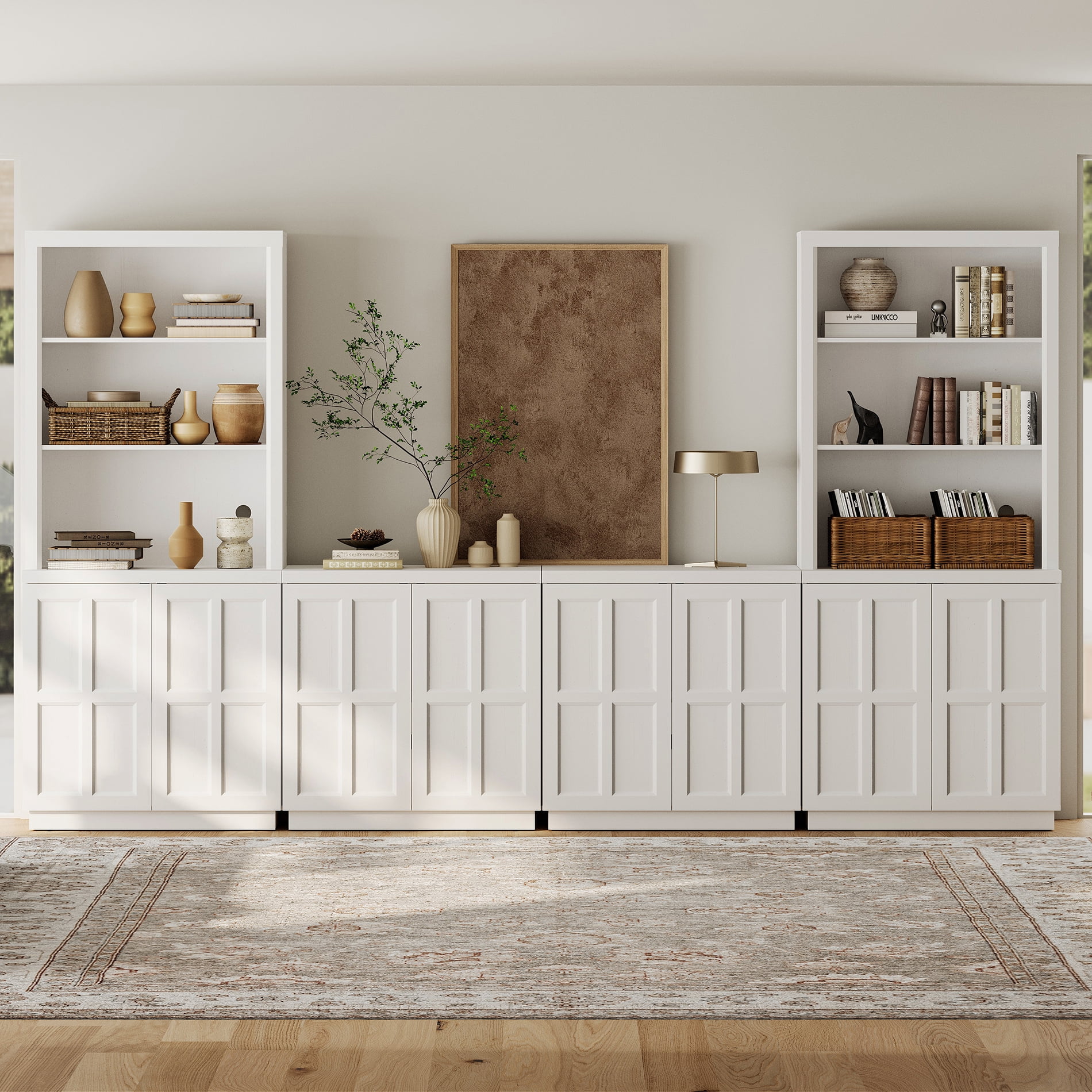 HOMOOI TV Stand up to 70" TV, Boho Thickened Anti-Wobble Wood Entertainment Center, 2 Independent Upper Bookcase Tops & 4-in-1 Rebound Door Media Cabinet for Living Room,Bedroom,White