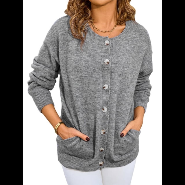 Suéteres de Larga con Cuello Redondo y Botones para Mujer, Cárdigan Abierto de Otoño 2025 Gris M