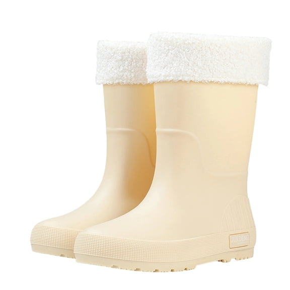Xfvqtps Womens Mid Calf Rain Boots with Detachable Plush Lined Waterproof Slip Resistant Solid Color Thick Sole Casual Outdoor Garden Work Boots