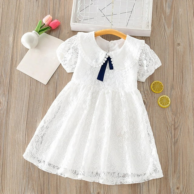 LOVZFMLL Robe d'Été à Col Poupée pour Enfants Manches Courtes en Dentelle Robe Douce pour Filles