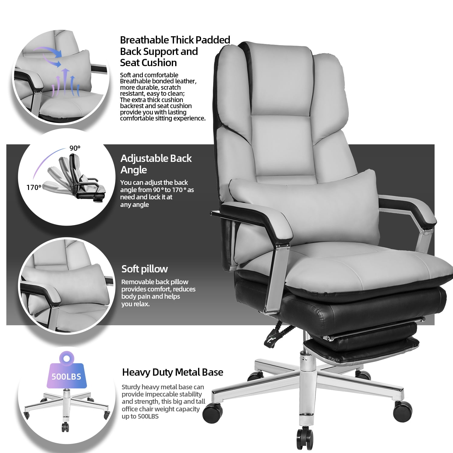 Reclining Executive Office Chair with Footrest, HomeZeer High Back Big and  Tall Office Chair 400lbs Wide Seat with 180° Backrest, Ergonomic Leather  Managerial Desk Office Chair Heavy People, Gray 