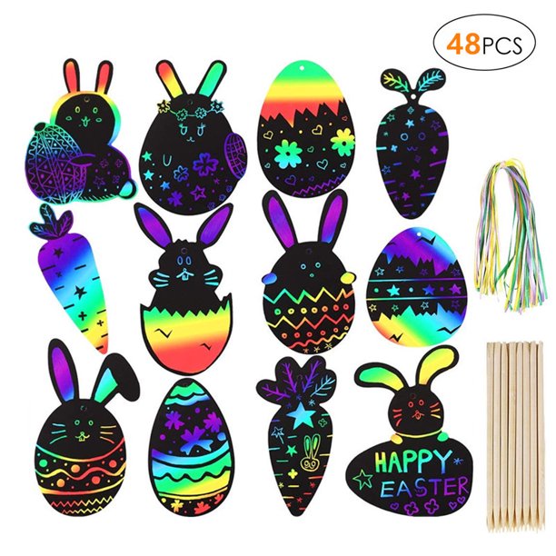 Imágenes para rascar de Pascua para niños, 48 piezas de papel para rascar de Pascua, conejito de huevos de Pascua arcoíris, juego de imágenes para rascar de bricolaje, regalos para colgar en la fies