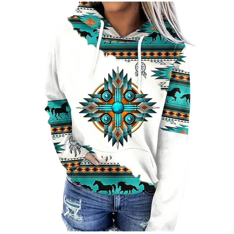 CYMMPU Girls' Ethnic Western Printed Geometric Graphic Tops Holiday Tops  Ladies Drawstring Hooded Pullover Clothing Trendy Blouses Casual  Sweatshirts Long Sleeve Shirts Green XXL 