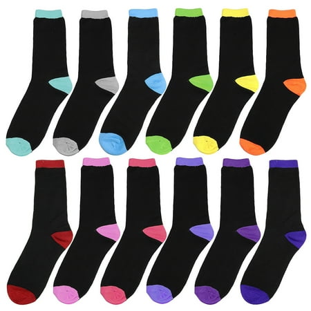 

12 Pairs Women s Crew Socks Fancy Novelty Designed Size 9-11 Multicolor Assorted Black Two-Tone