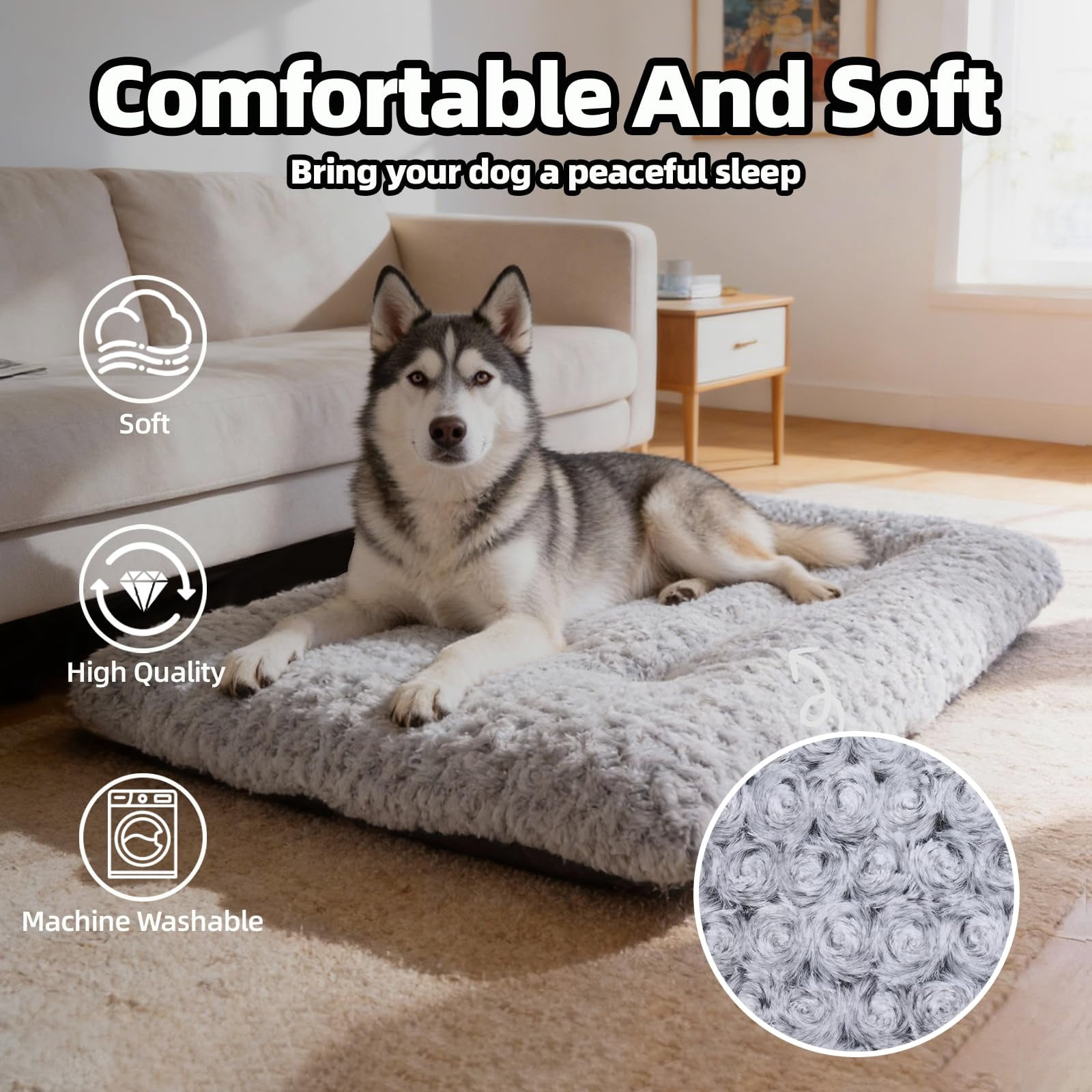 Extra Large Dog Bed Deluxe Plush  Washable Big Beds Indestructible Crate Pad Anti-slip Soft Pet Comfy Kennel For Small Medium Dogs 41"x 27"-xxl Light Gray